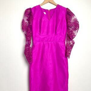 AT Adan Terriquez Fuschia Sheer Lace Puff Sleeve Midi Dress Small 4 Formal Gala